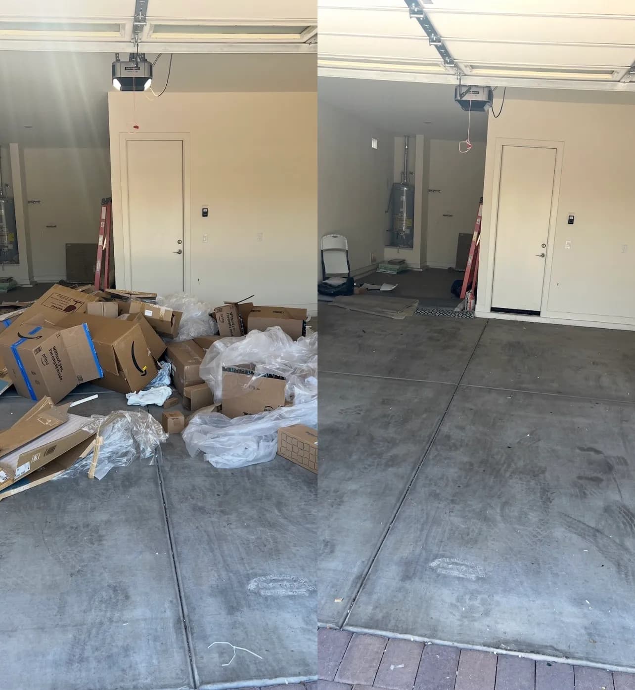 Before and after of a Phoenix garage cleanout — cluttered with boxes and stored items, then fully cleared and swept clean by Canyon Haul Co.